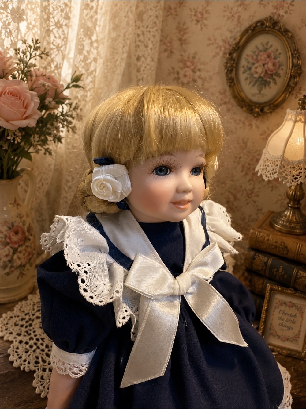 Vintage-Style Porcelain Doll in Navy Dress with White Lace Bow